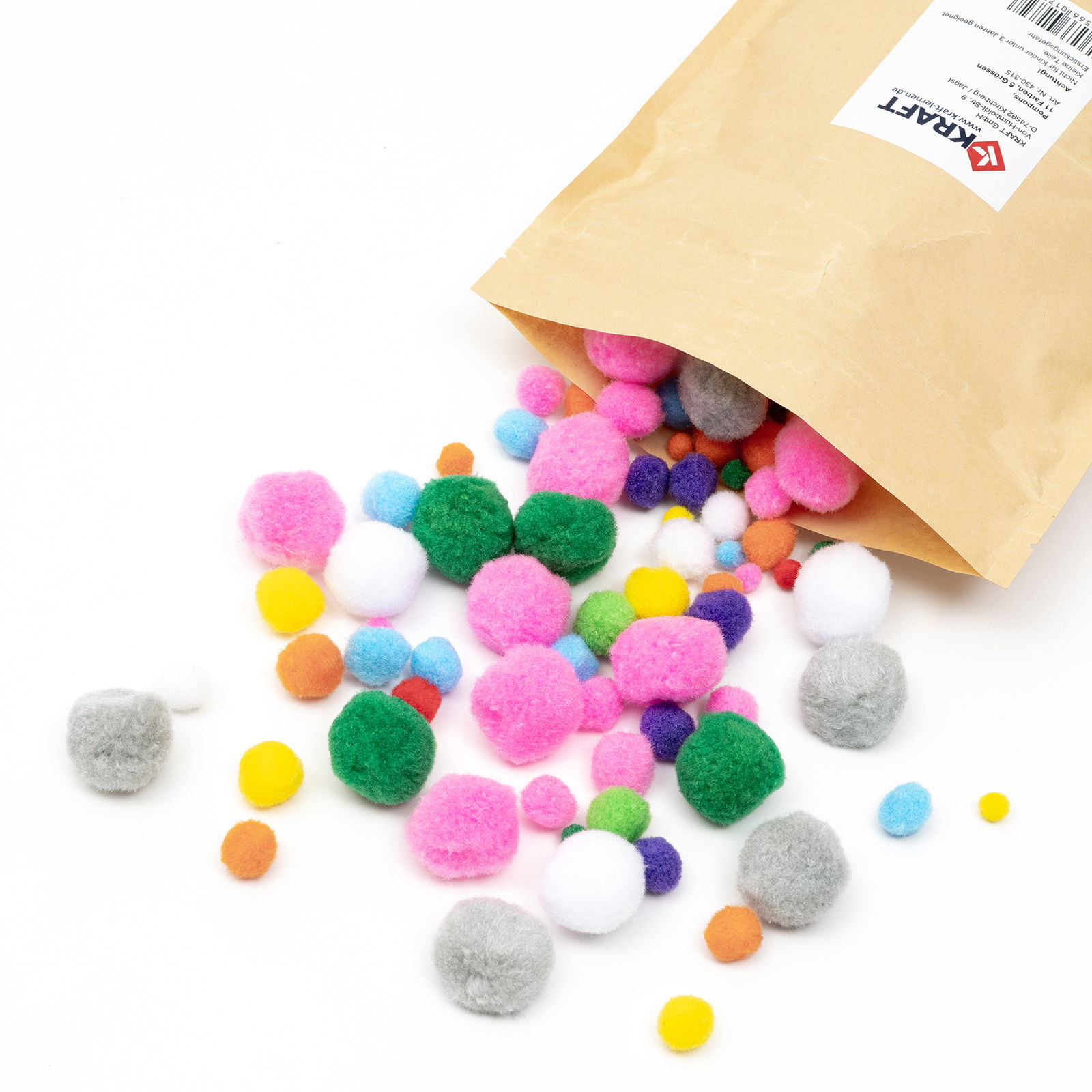 Pompons, 11 Farben, 5 Größen, 500 Stück