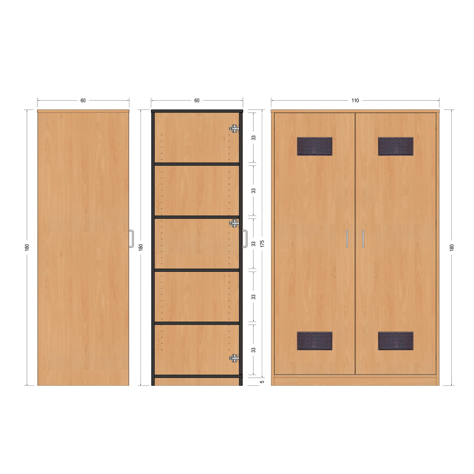 Doppeltürenschrank, 100x180x60cm, mit Mittelwand