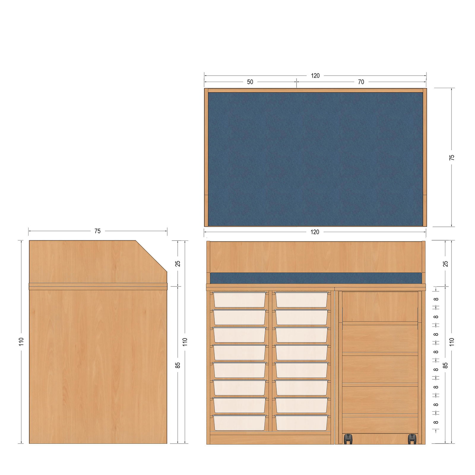 Wickelanlage, 120,5x110x75cm, Treppe rechts, 16 Boxen Wickelanlage, 120,5x110x75cm, Treppe rechts, 16 Boxen