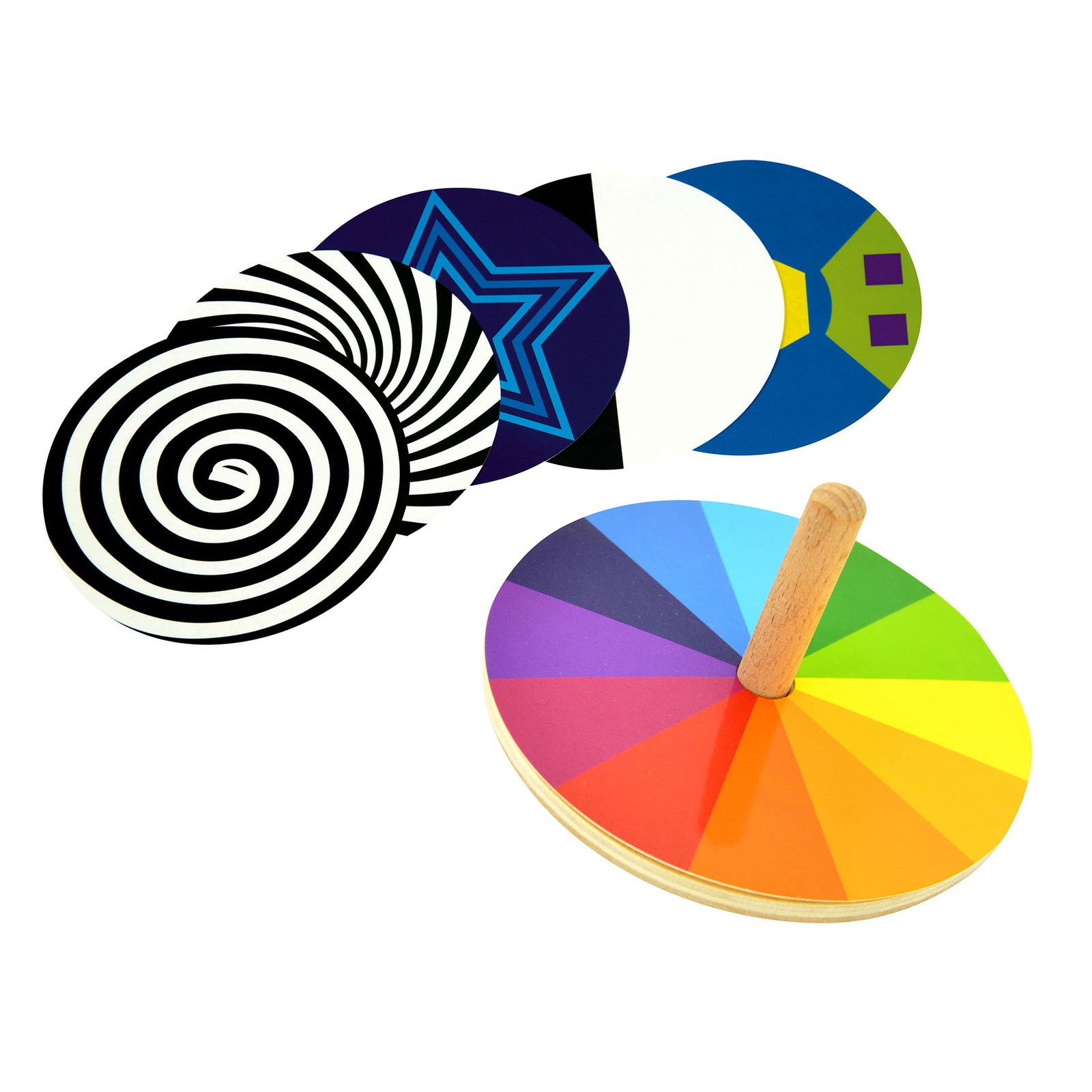 Wirująca zabawka, drewniany bączek z 6 wymiennymi nakładkami Wirująca zabawka, drewniany bączek z 6 wymiennymi nakładkami